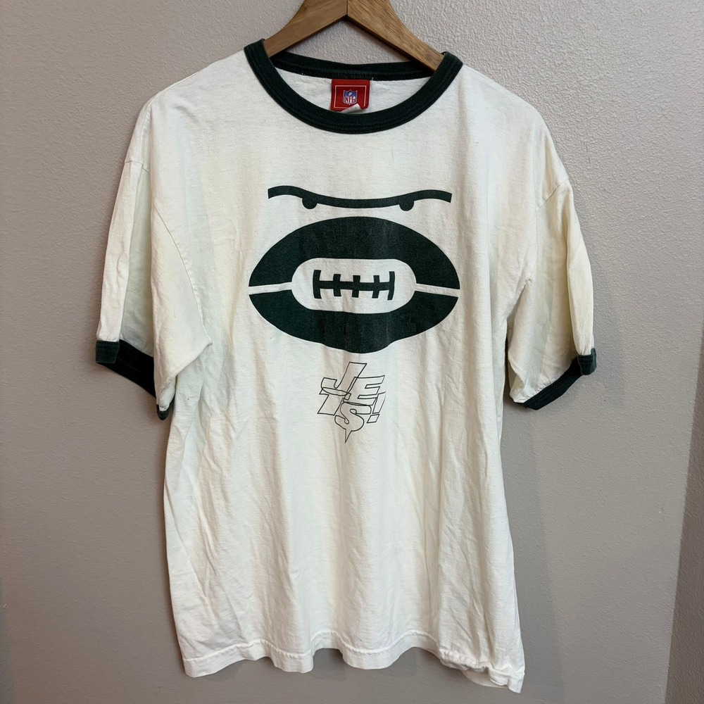 90s NFL New York Jets Ringer T-Shirt Large White Green Vintage Style Sportswear